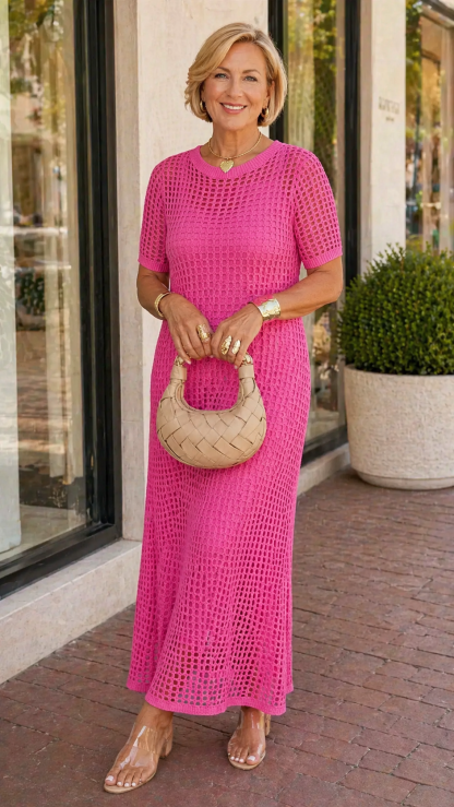 Elegant Knit Mesh Layered Two-Piece Maxi Dress