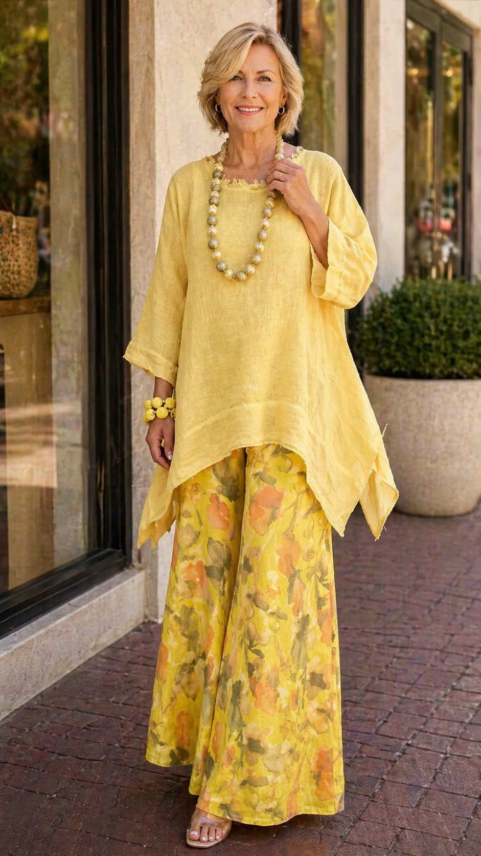 Loose-fit Casual Linen & Cotton Top And Floral-print Pants Two-piece Set