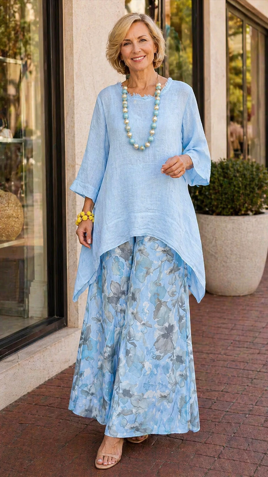 Loose-fit Casual Linen & Cotton Top And Floral-print Pants Two-piece Set