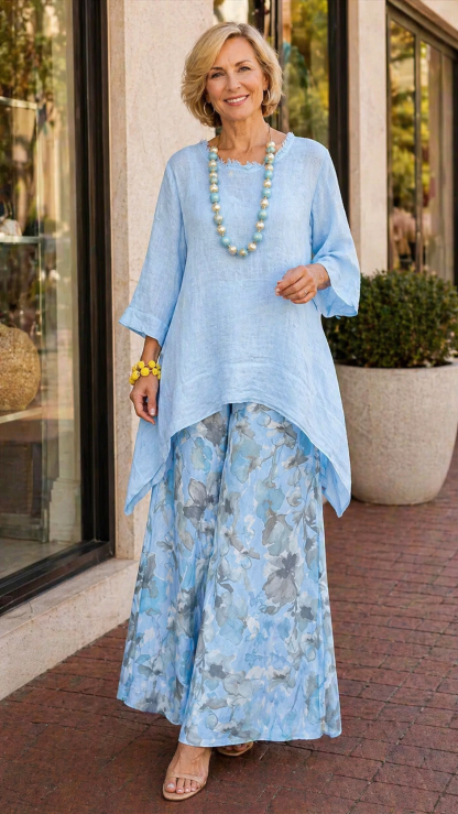 Loose-fit Casual Linen & Cotton Top And Floral-print Pants Two-piece Set