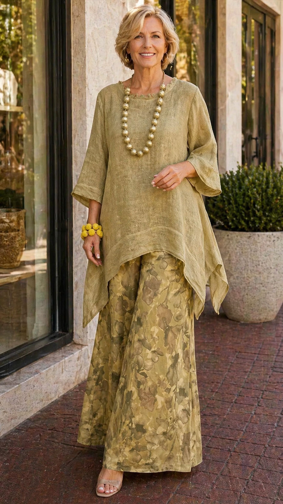 Loose-fit Casual Linen & Cotton Top And Floral-print Pants Two-piece Set