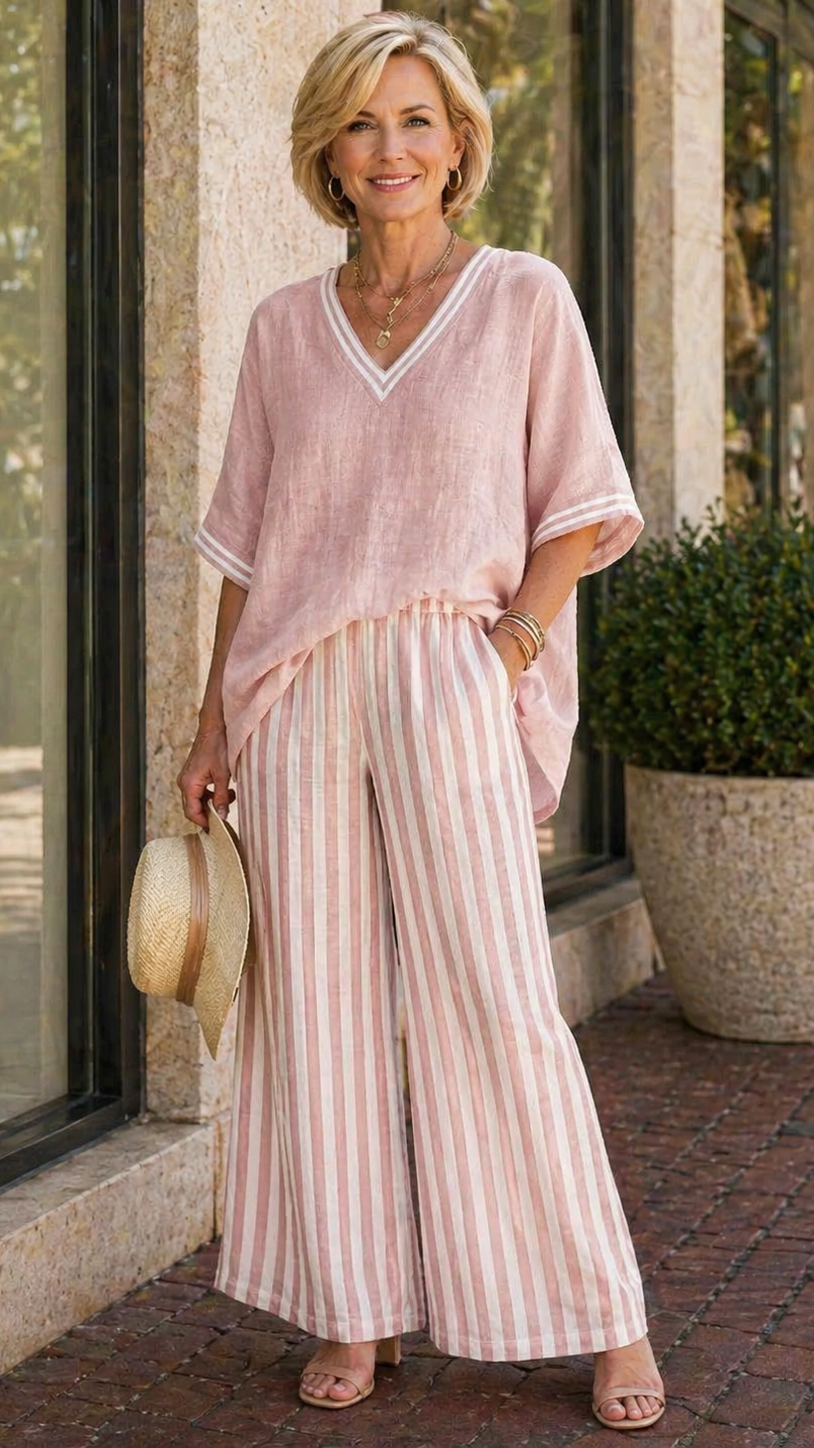 Striped Linen Cotton Set with Patchwork Top and Pants