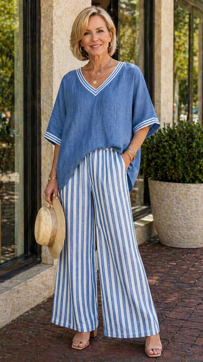 Striped Linen Cotton Set with Patchwork Top and Pants
