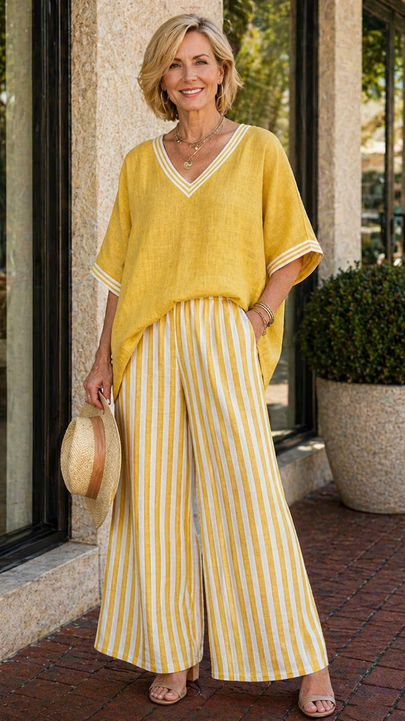 Striped Linen Cotton Set with Patchwork Top and Pants