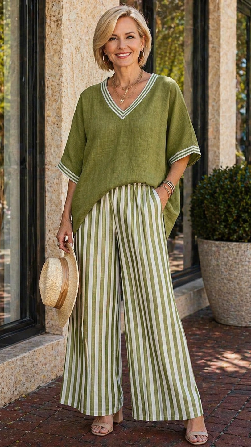 Striped Linen Cotton Set with Patchwork Top and Pants