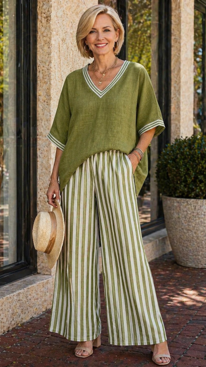 Striped Linen Cotton Set with Patchwork Top and Pants