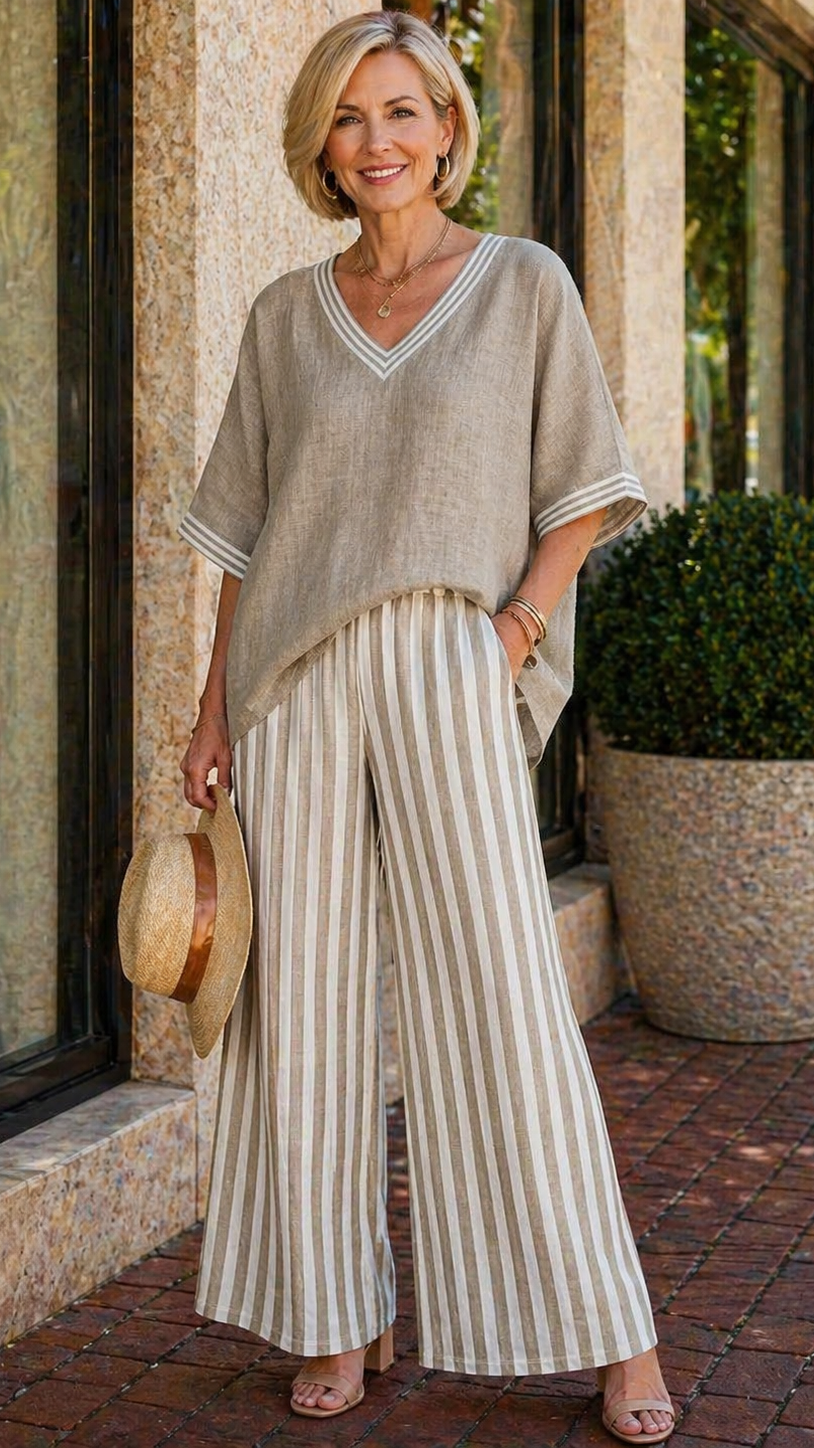 Striped Linen Cotton Set with Patchwork Top and Pants