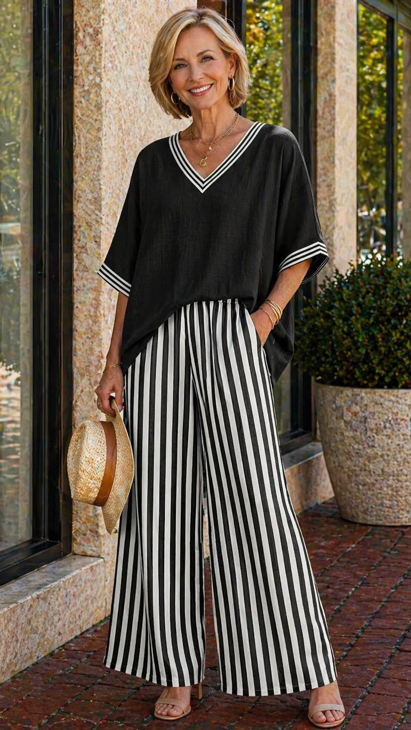 Striped Linen Cotton Set with Patchwork Top and Pants