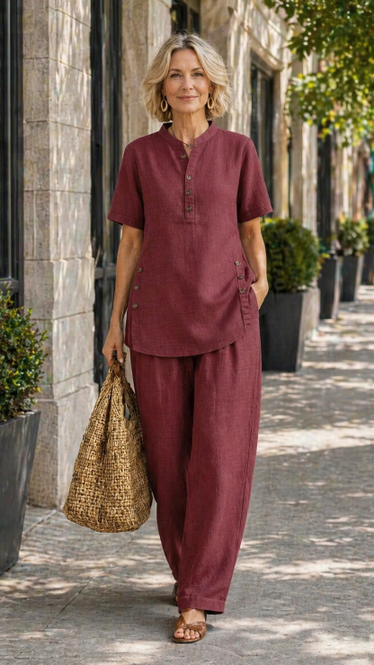 Cozy Casual Button Shirt And Wide-leg Pants Linen Two-piece Set