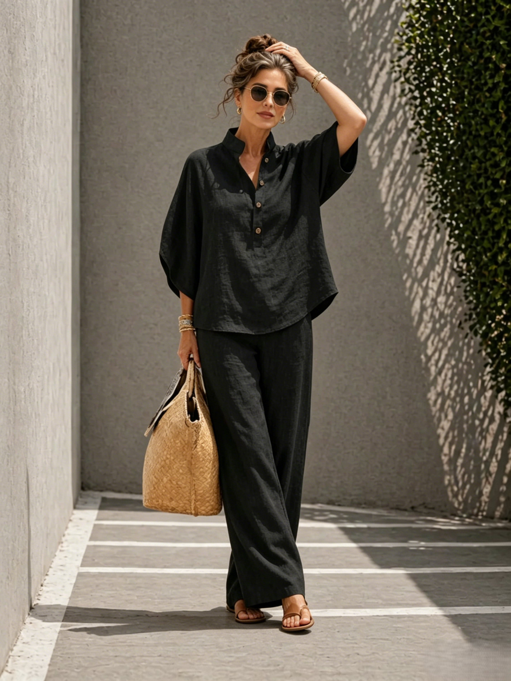 Airy Linen Cotton Batwing Set with Wide Leg Pants