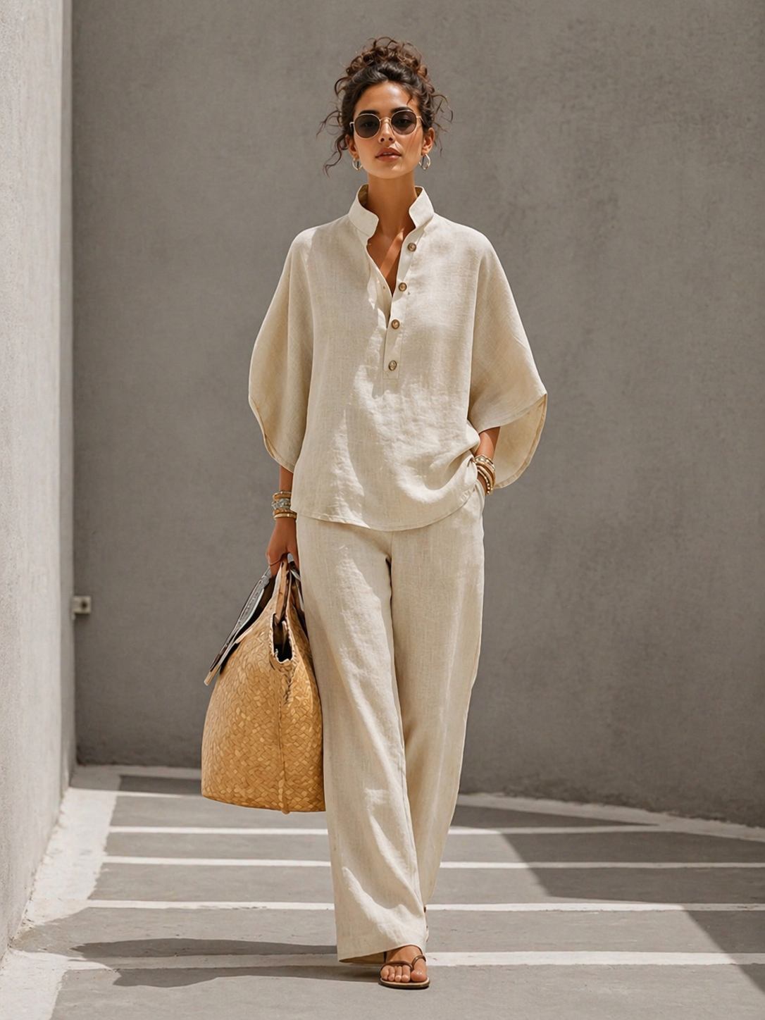 Plus Size Friendly Women’s Batwing Sleeve Linen Cotton Two-Piece Set – Casual Shirt & Wide Leg Pants Outfit