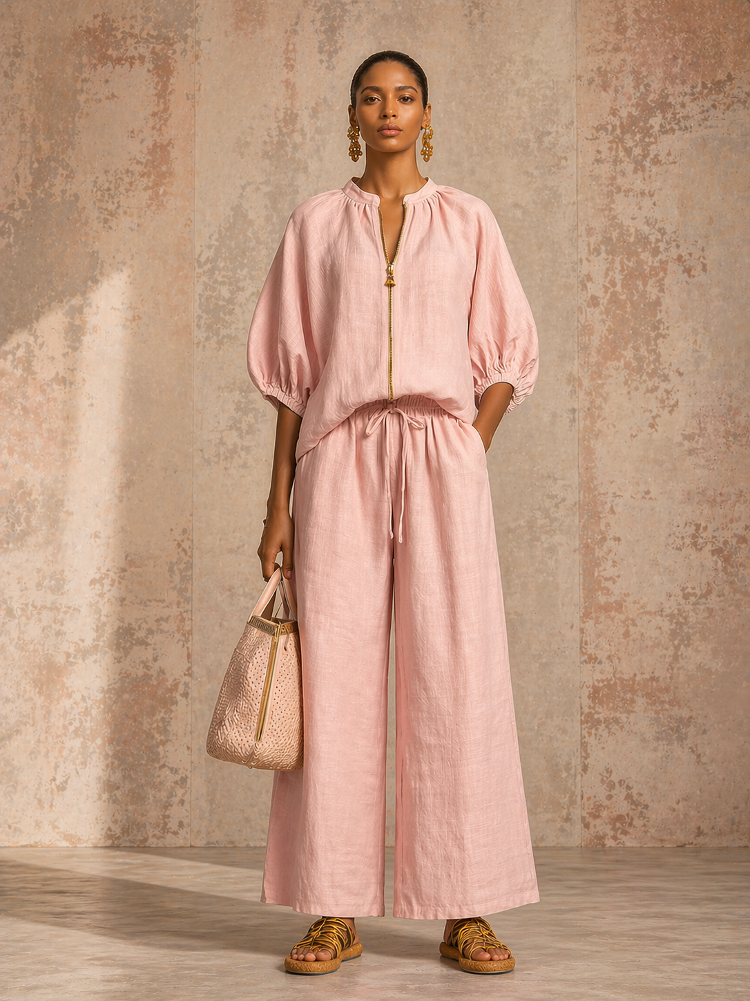 Stylish Cozy Shirt &amp; Wide-Leg Pants Linen Cotton Two-Piece Set