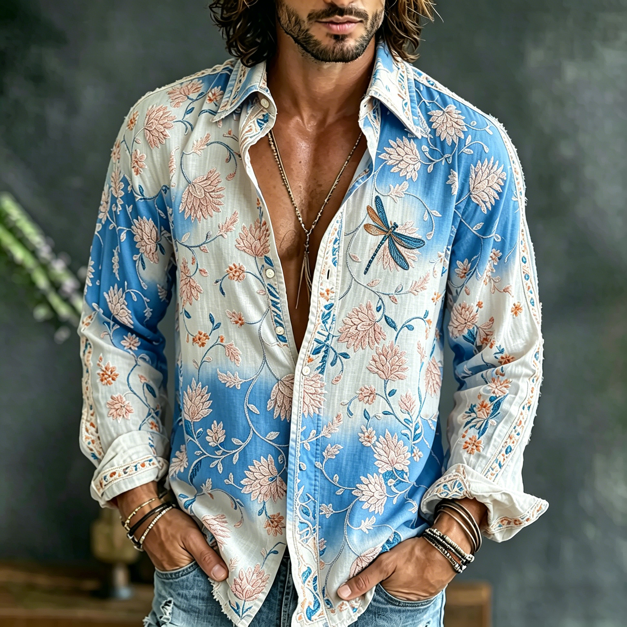 Bode Men's Vintage Floral Embroidered Art Print Flowy Linen Blend Casual Shirt