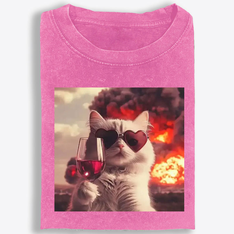 Cat with Wine & Explosion Meme Retro Washed T-Shirt | 100% Cotton | Streetwear Essential