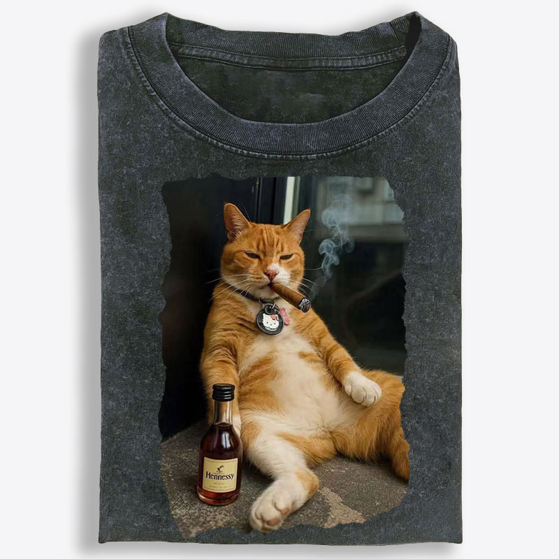 Cigar Cat Retro Washed T-Shirt | 100% Cotton | Streetwear Essential