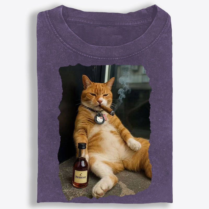 Cigar Cat Retro Washed T-Shirt | 100% Cotton | Streetwear Essential