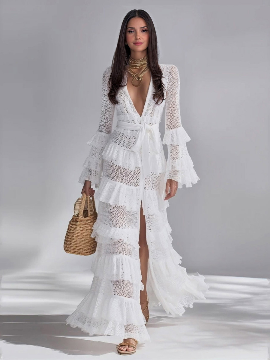🌿 Bohemian Sheer Lace Ruffle Wrap Maxi Dress