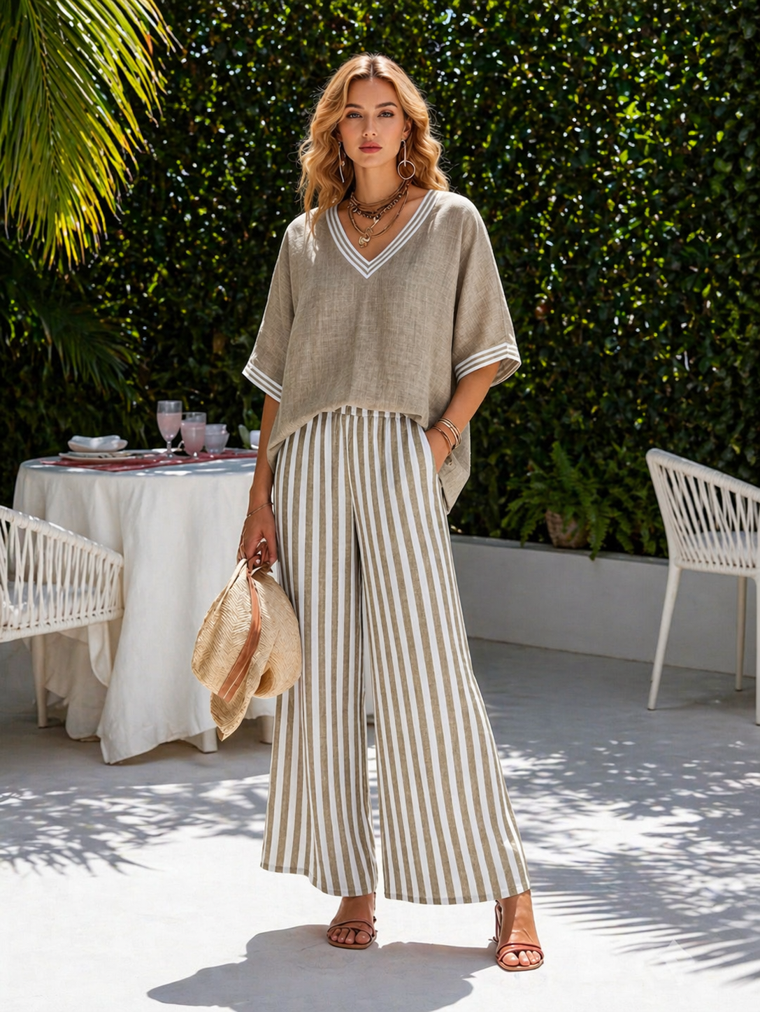 Casual Two-piece Set: Striped Linen & Cotton Patchwork Top And Striped Trousers— Look Put Together in 5 Seconds