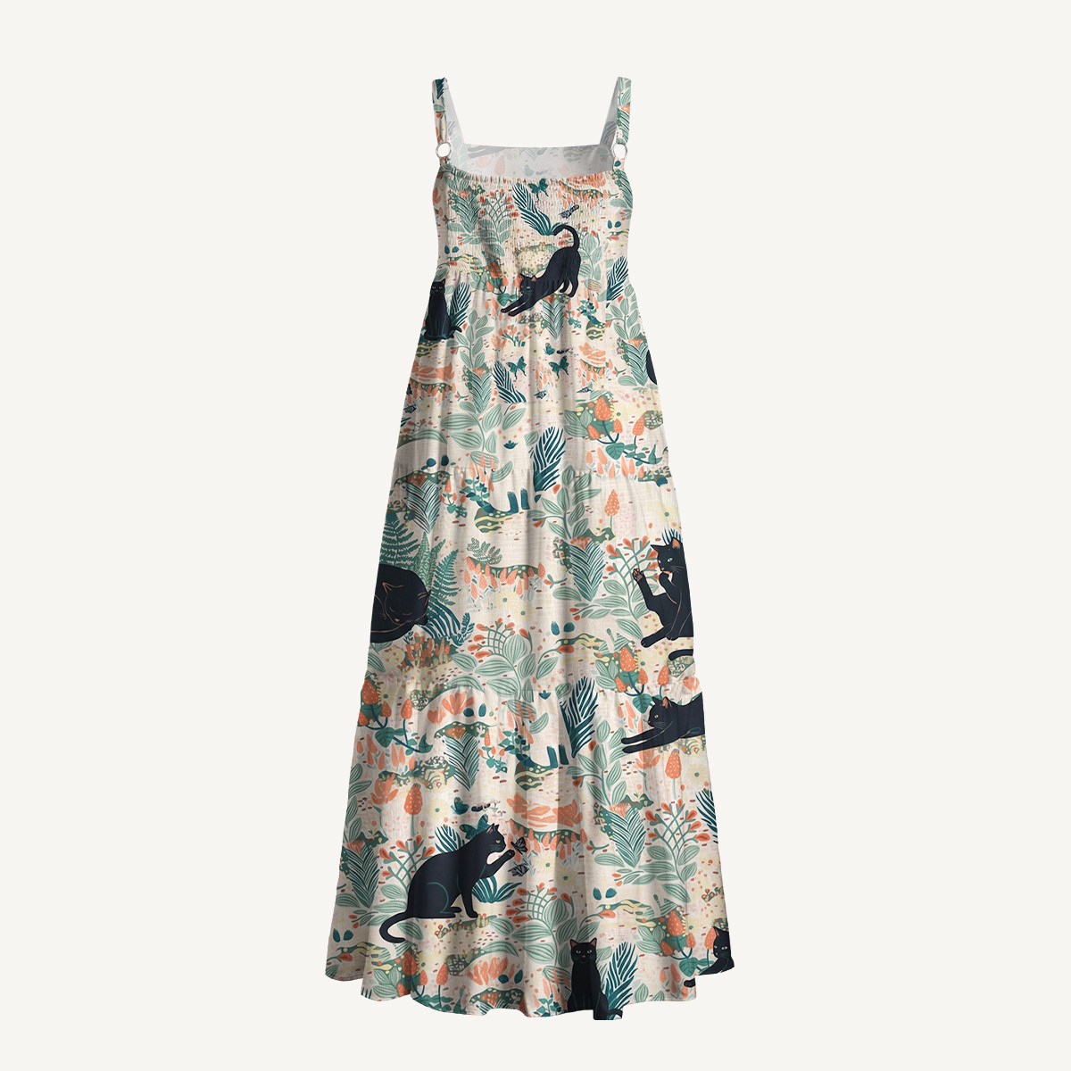 Square Neck Into the Woods Cats Print Wide Straps Maxi Dress With Pockets