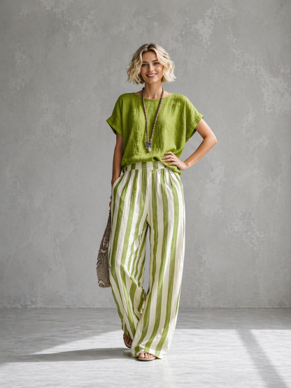Cozy Loose-fit Striped Cotton-linen Two-piece Set ✨Plus Size Friendly XS-4XL