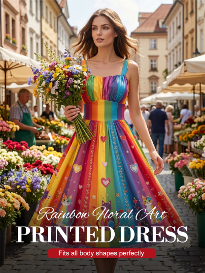 Women's Rainbow Floral Art Printed Dress