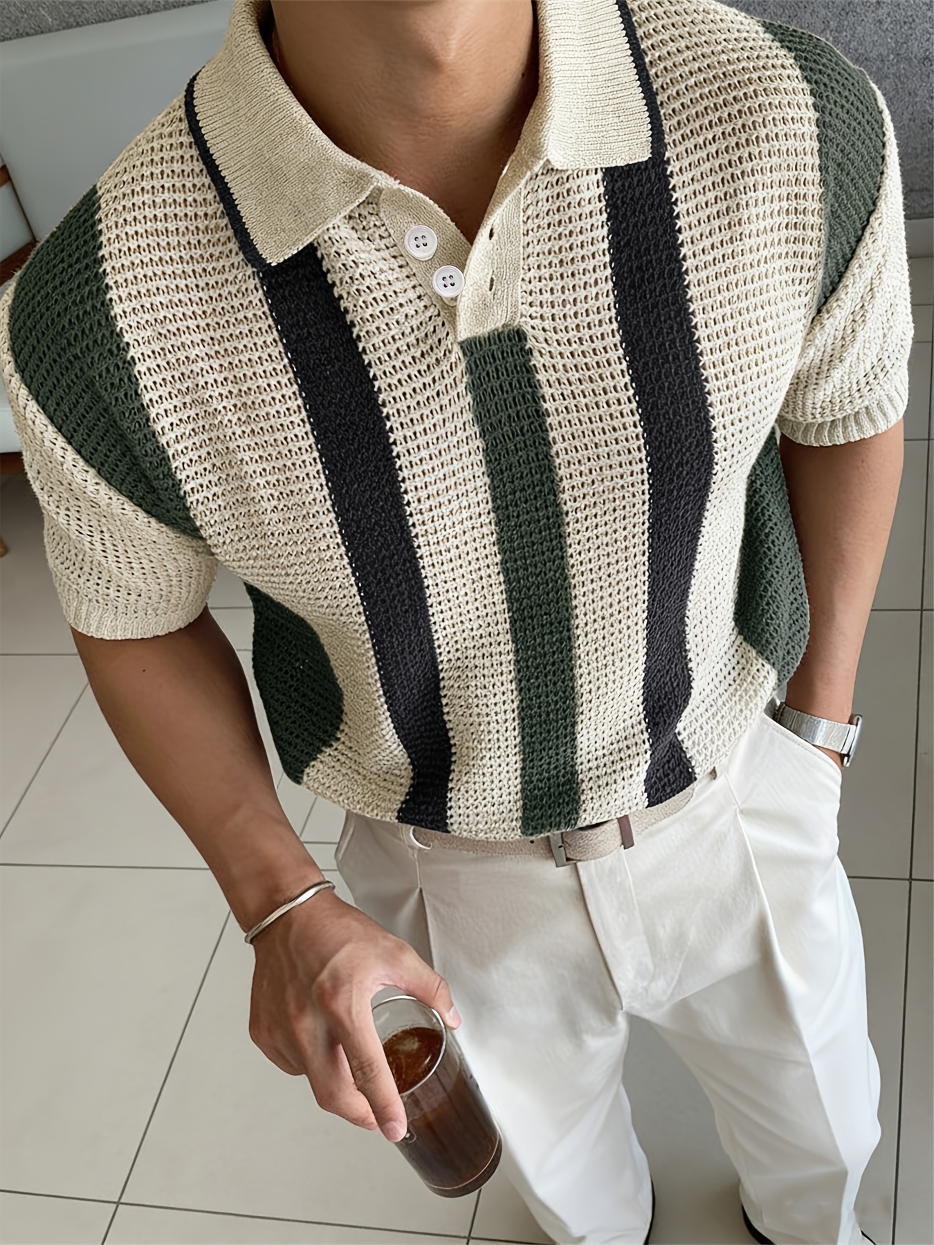 Rowing Blazers Men's Vintage Striped Knit Polo Shirt - Premium Short Sleeve Button Collar Sweater for Summer