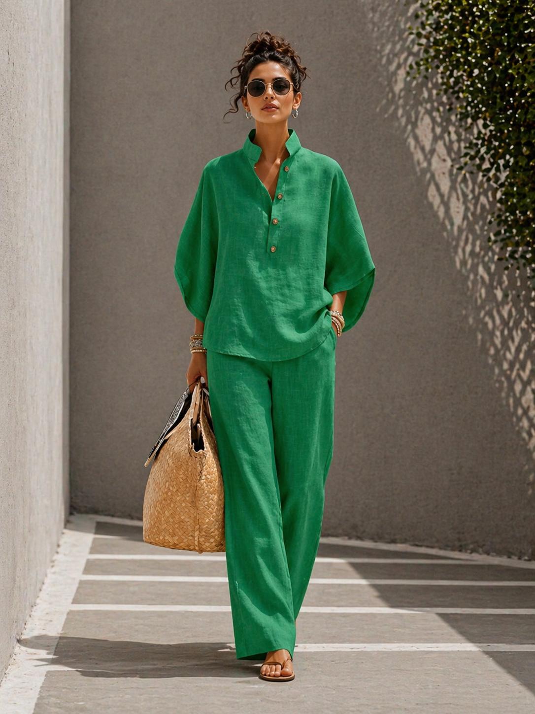 Plus Size Friendly Women’s Batwing Sleeve Linen Cotton Two-Piece Set – Casual Shirt & Wide Leg Pants Outfit