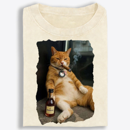 Cigar Cat Retro Washed T-Shirt | 100% Cotton | Streetwear Essential