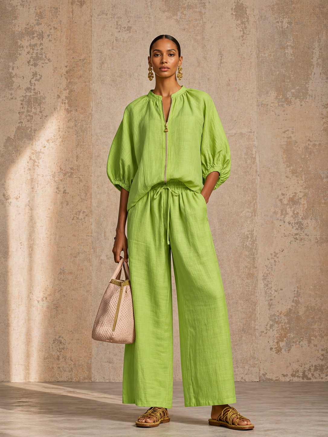 Stylish Cozy Shirt &amp; Wide-Leg Pants Linen Cotton Two-Piece Set