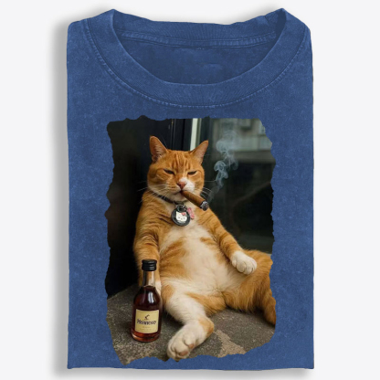 Cigar Cat Retro Washed T-Shirt | 100% Cotton | Streetwear Essential