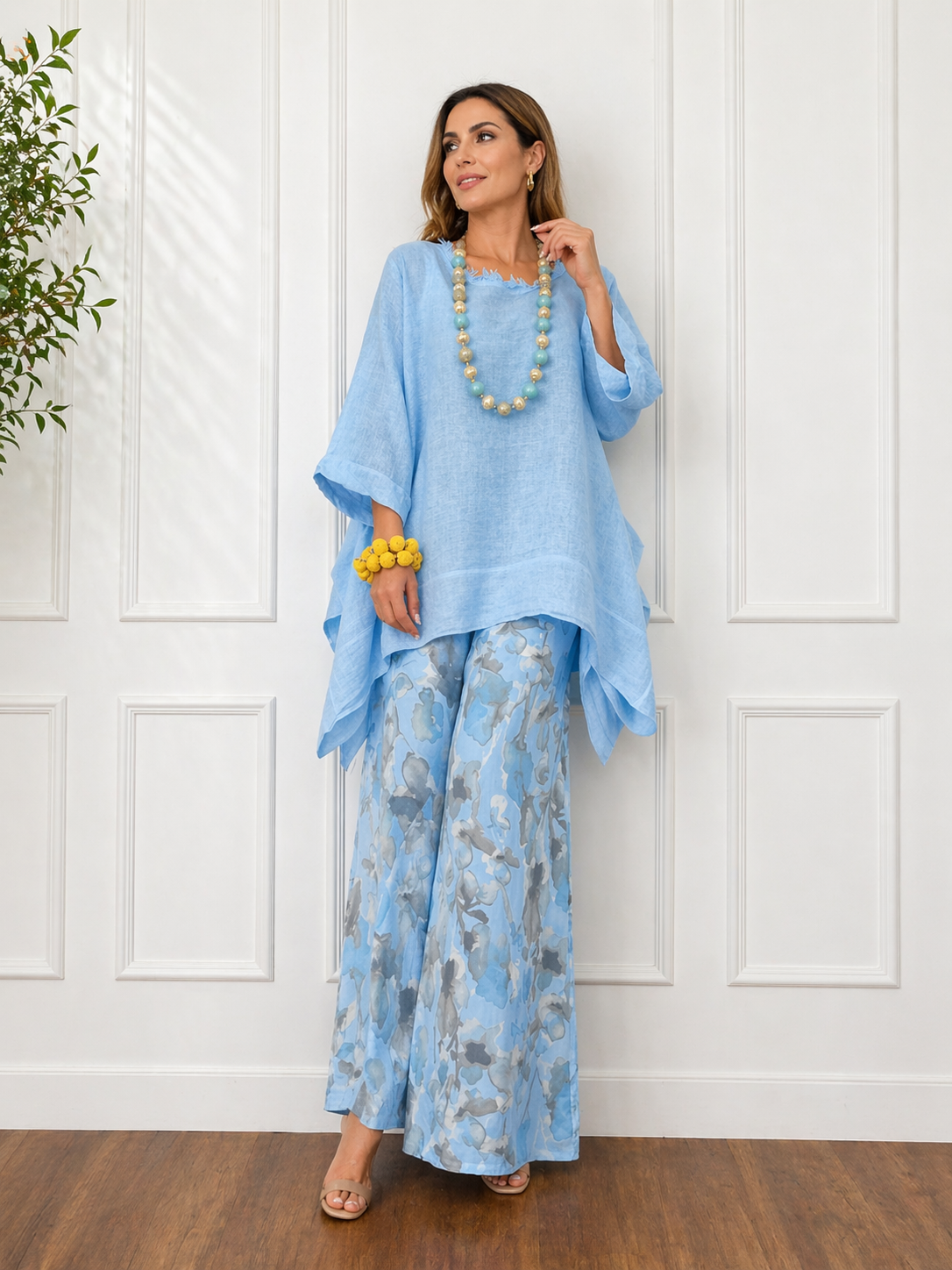 Loose-fit Casual Linen & Cotton Top And Floral-print Pants Two-piece Set