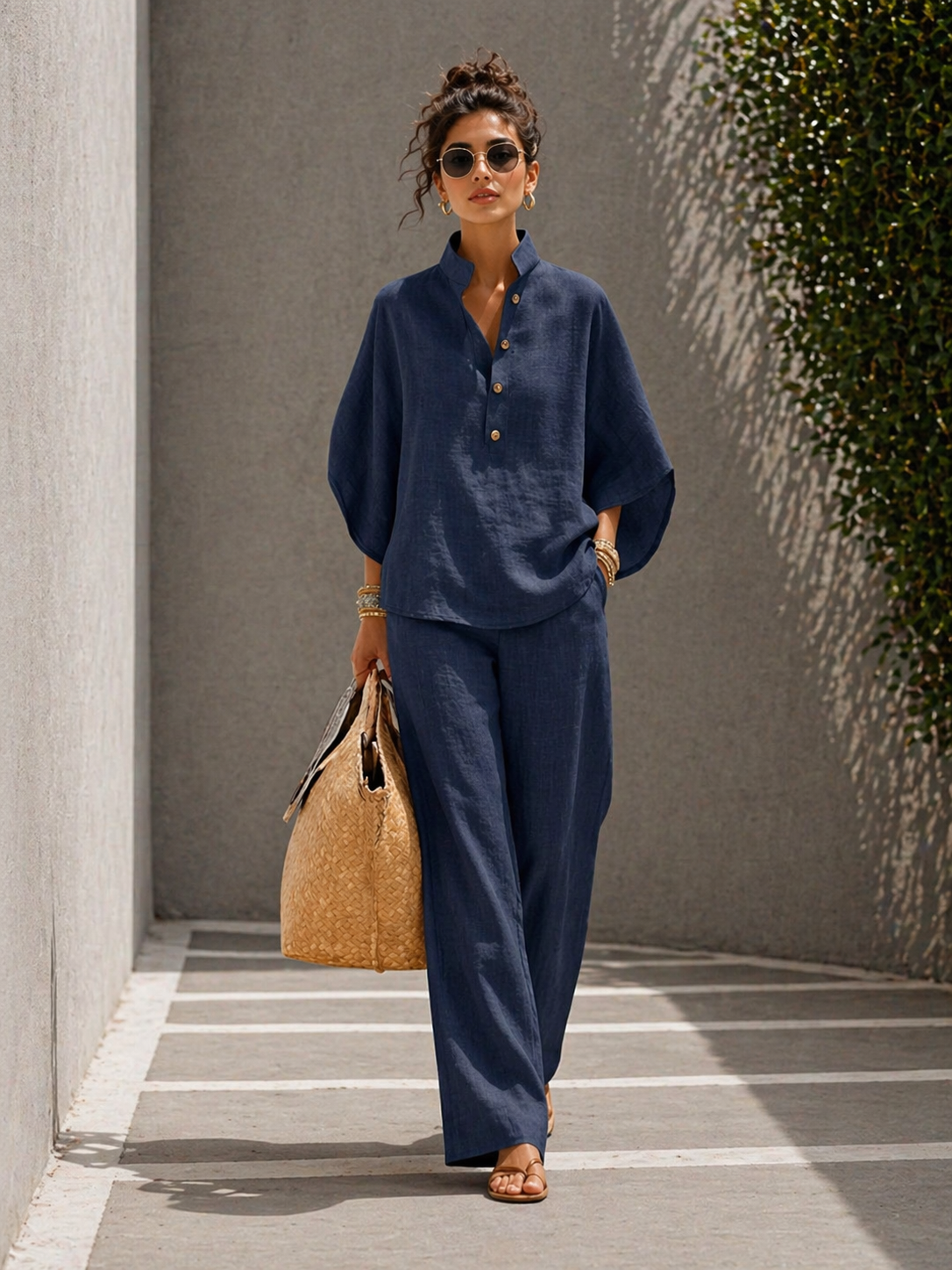 Plus Size Friendly Women’s Batwing Sleeve Linen Cotton Two-Piece Set – Casual Shirt & Wide Leg Pants Outfit