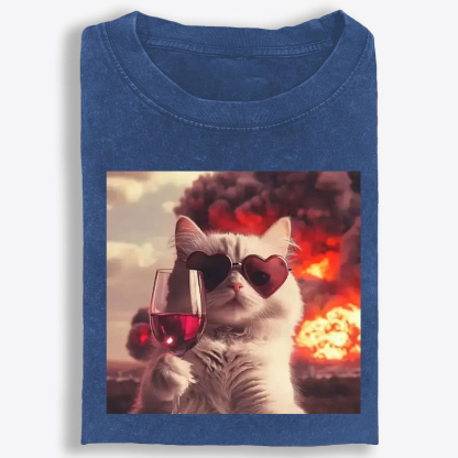 Cat with Wine & Explosion Meme Retro Washed T-Shirt | 100% Cotton | Streetwear Essential
