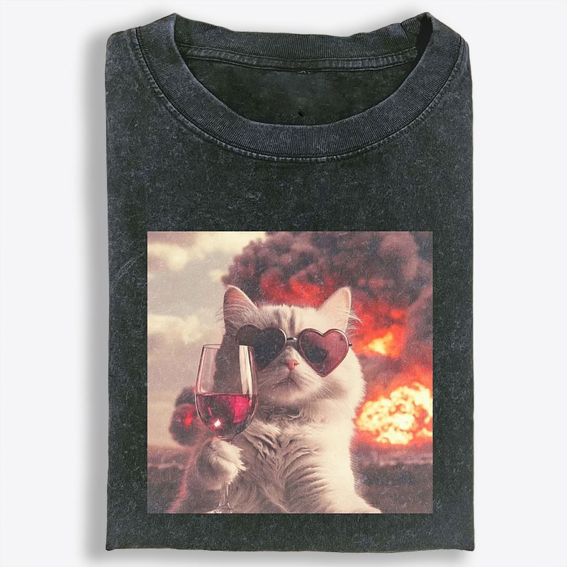 Cat with Wine & Explosion Meme Retro Washed T-Shirt | 100% Cotton | Streetwear Essential