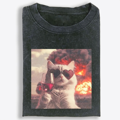 Cat with Wine & Explosion Meme Retro Washed T-Shirt | 100% Cotton | Streetwear Essential