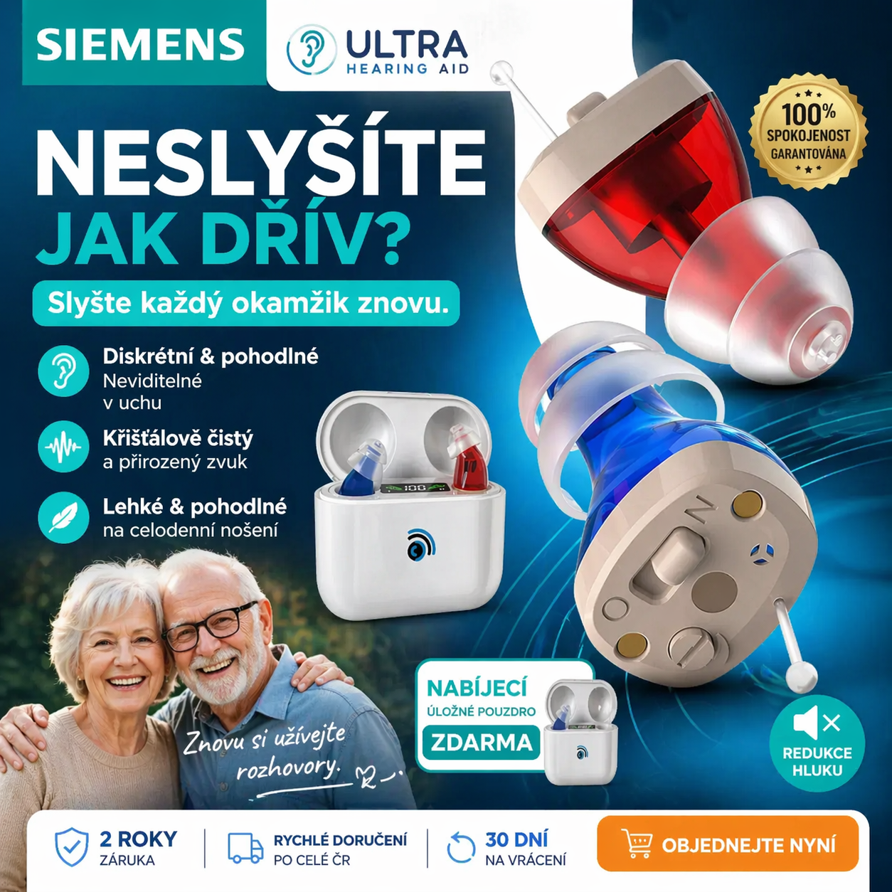 Volně prodejné naslouchátko Siemens Ultra – neviditelné, dobíjecí provedení CIC, schváleno FDA