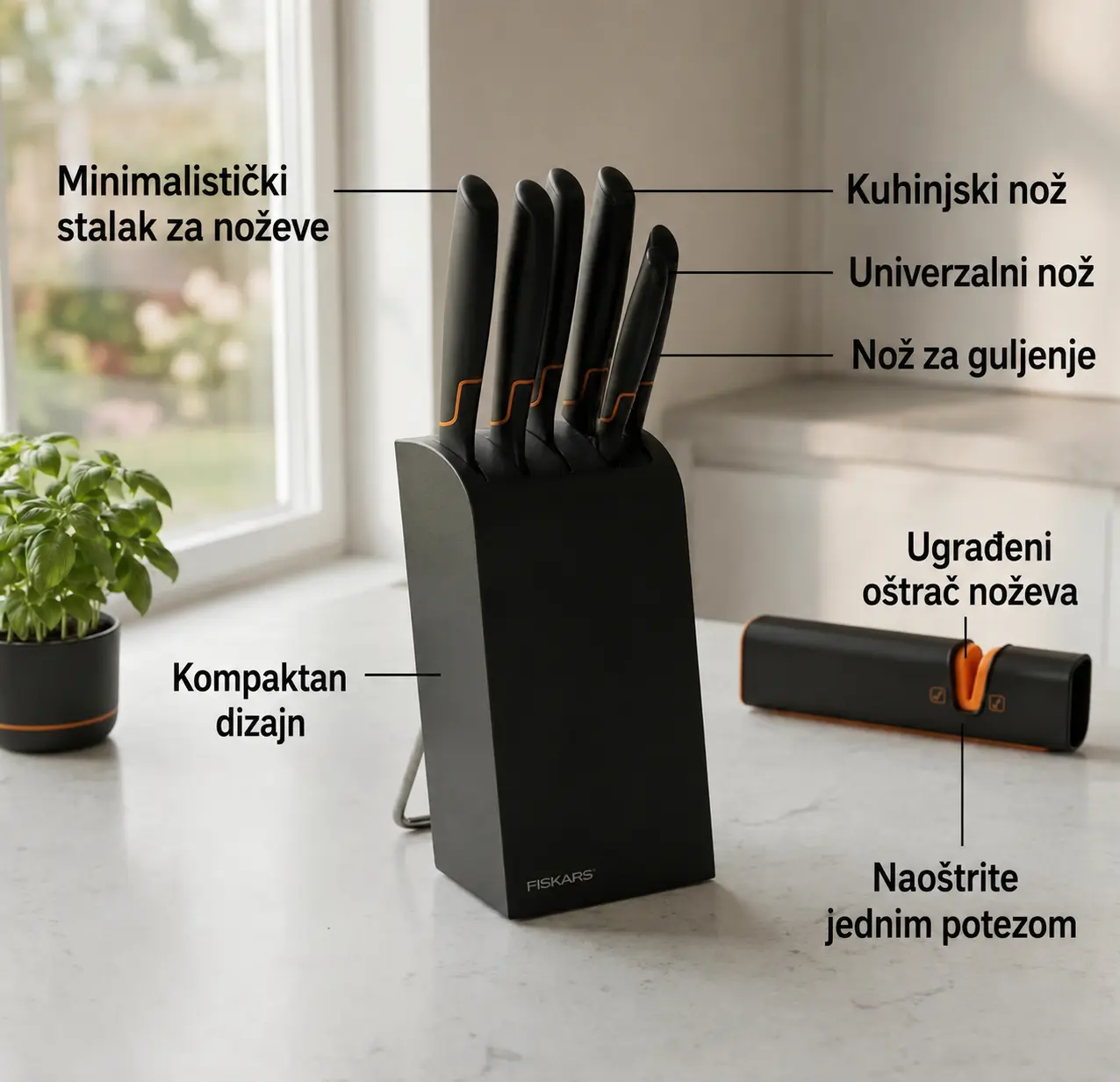 👩‍🍳👩‍🍳Limitirano izdanje: FISKARS® set noževa od 5 dijelova (s stalkom za noževe) – serija FISKARS EDGE, oštri kuhinjski noževi + oštrač🔪🔪