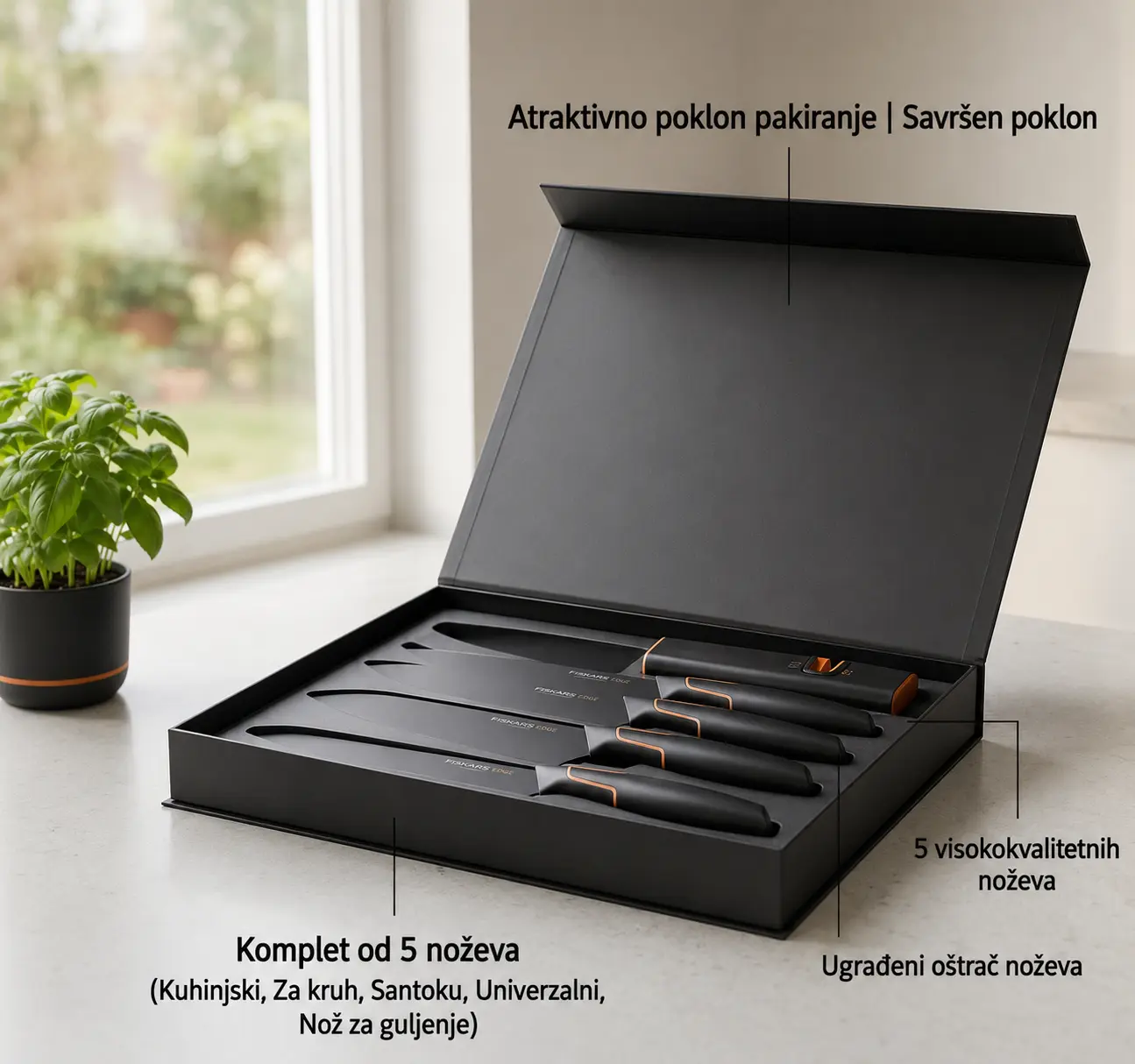 👩‍🍳👩‍🍳Limitirano izdanje: FISKARS® set noževa od 5 dijelova (s stalkom za noževe) – serija FISKARS EDGE, oštri kuhinjski noževi + oštrač🔪🔪