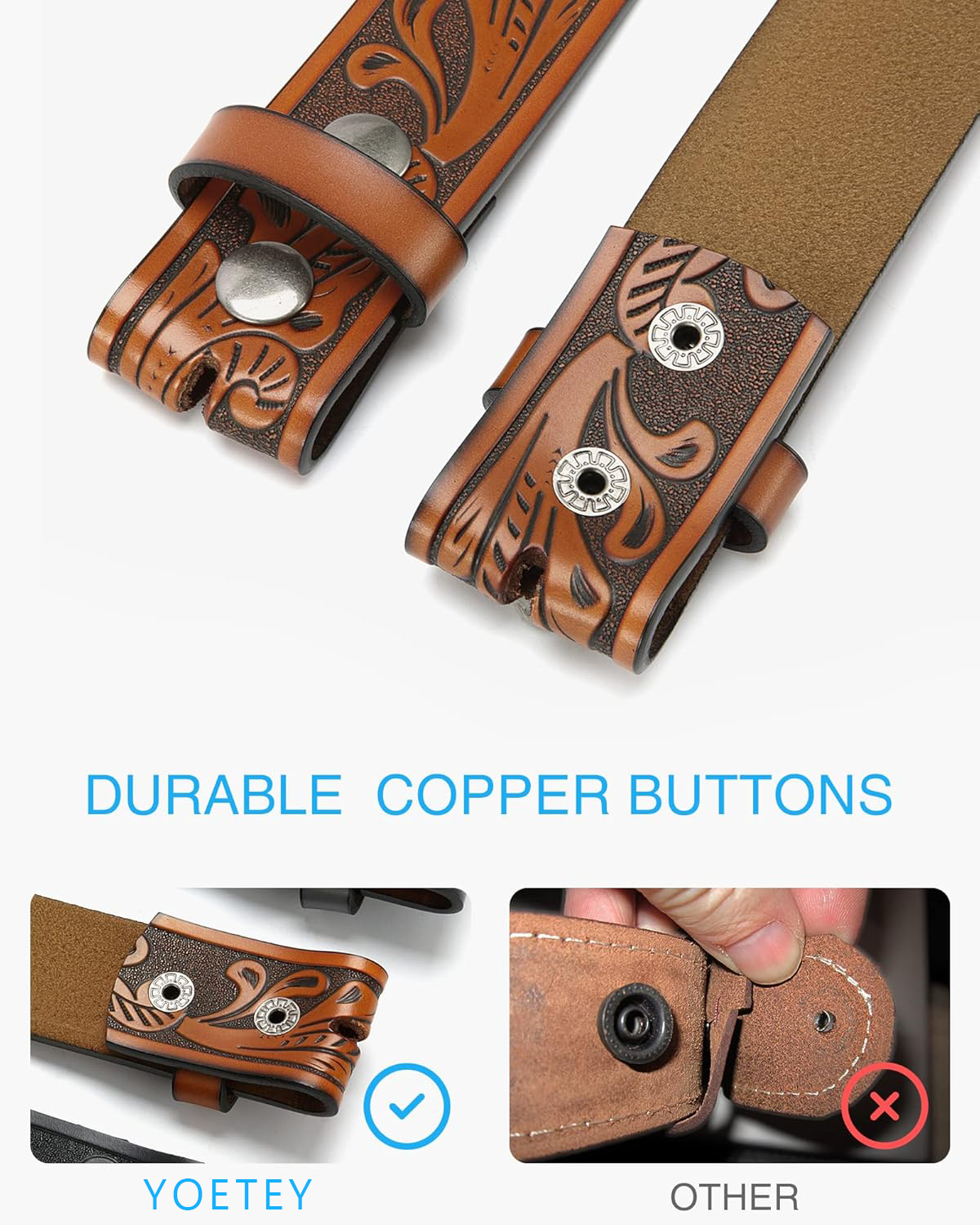 YOETEY Mens Western Genuine Leather Belt Without Buckle - Cowboy Belt for Casual Jeans