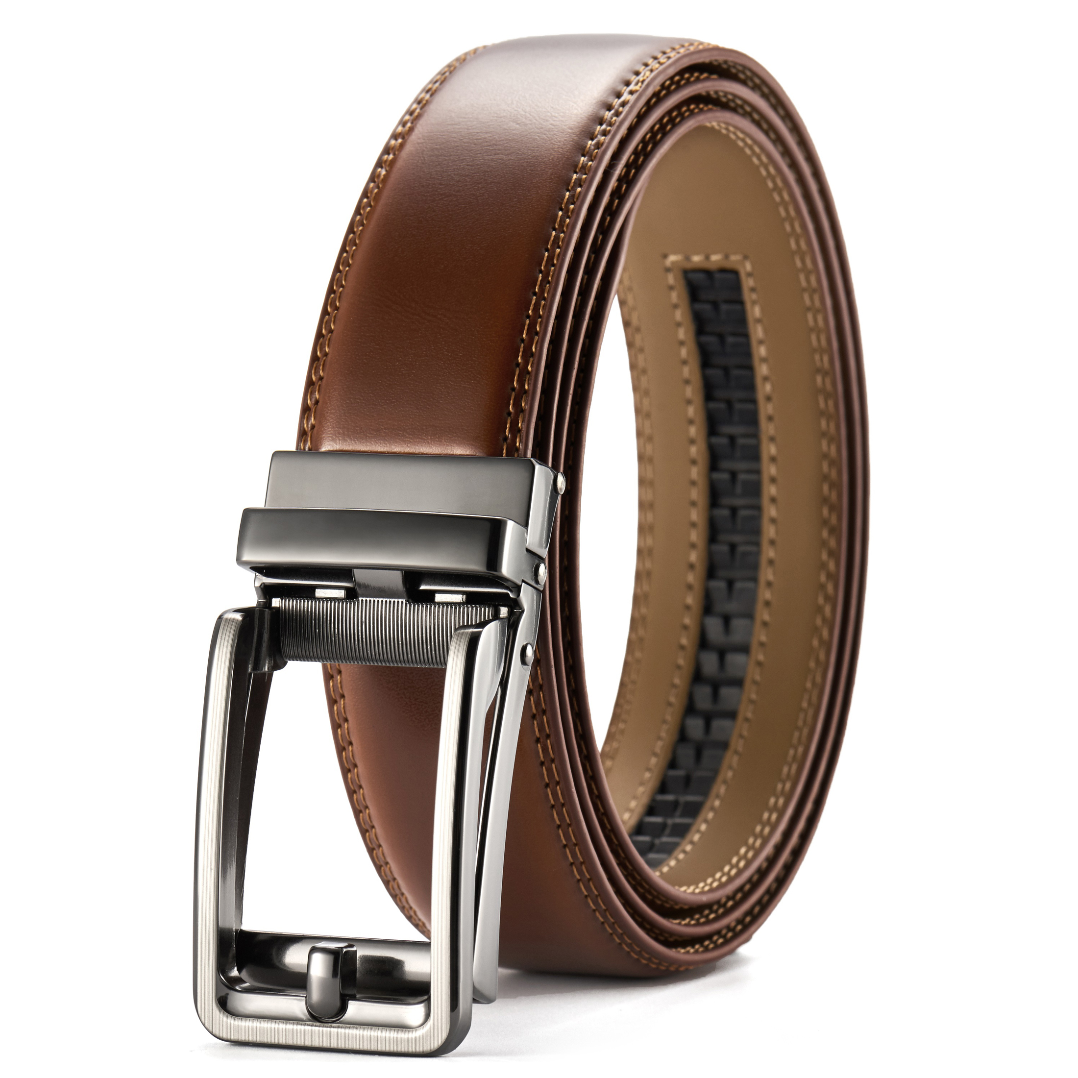 YOETEY Mens Belt Ratchet Leather Belt - Dress Belt with Sliding Buckle Comfort Click 1 3/8"(35mm)