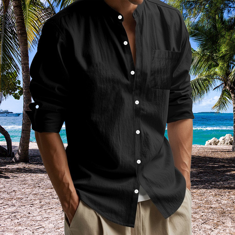 Men's Fashion Long Sleeve Stand Collar Casual Men's Pocket Linen Shirt