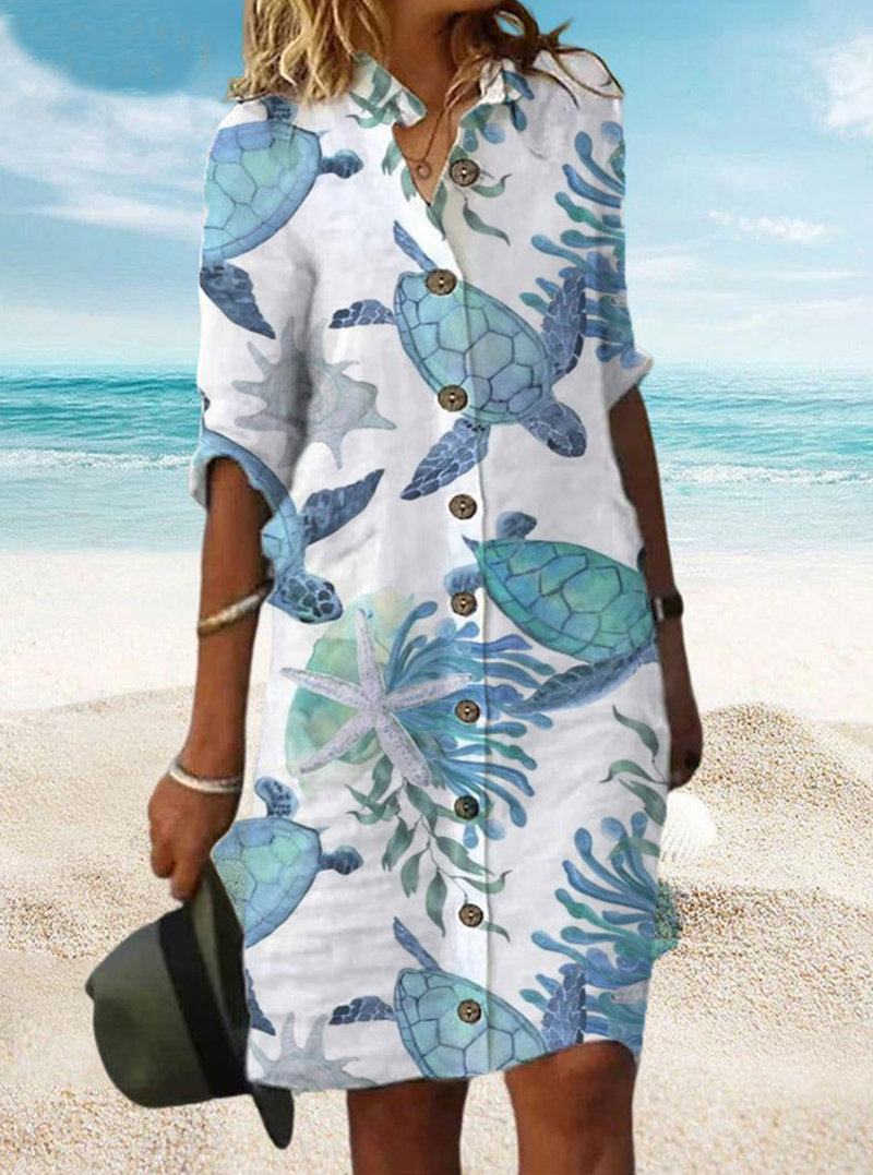 A-Line Turtle Ocean Printed Buttoned  Dress