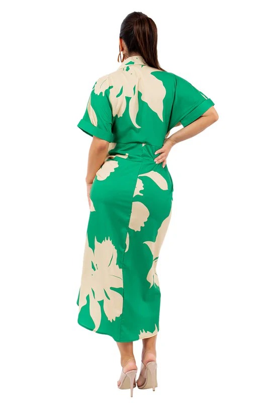 Green Print Front Button Casual Midi Dress