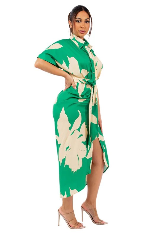 Green Print Front Button Casual Midi Dress