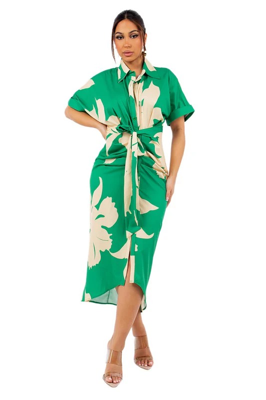 Green Print Front Button Casual Midi Dress
