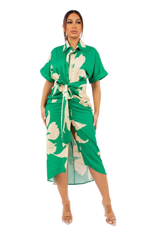 Green Print Front Button Casual Midi Dress
