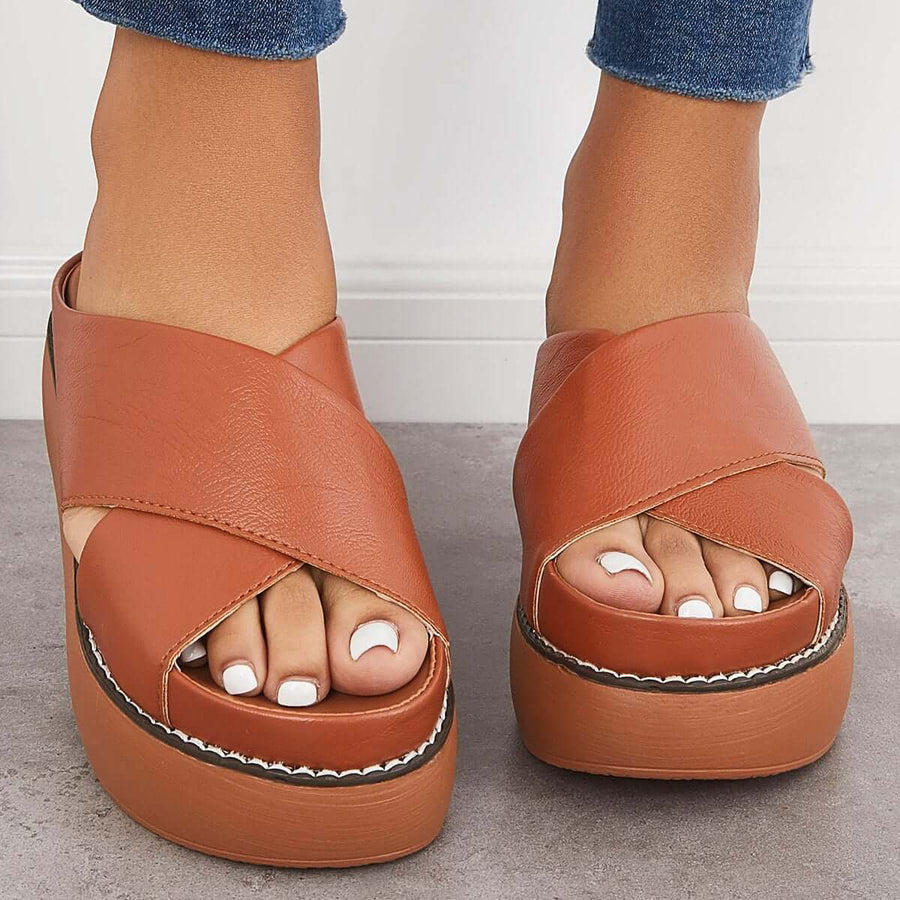 Platform Criss Cross Slides Slip on Arch Support Sandals