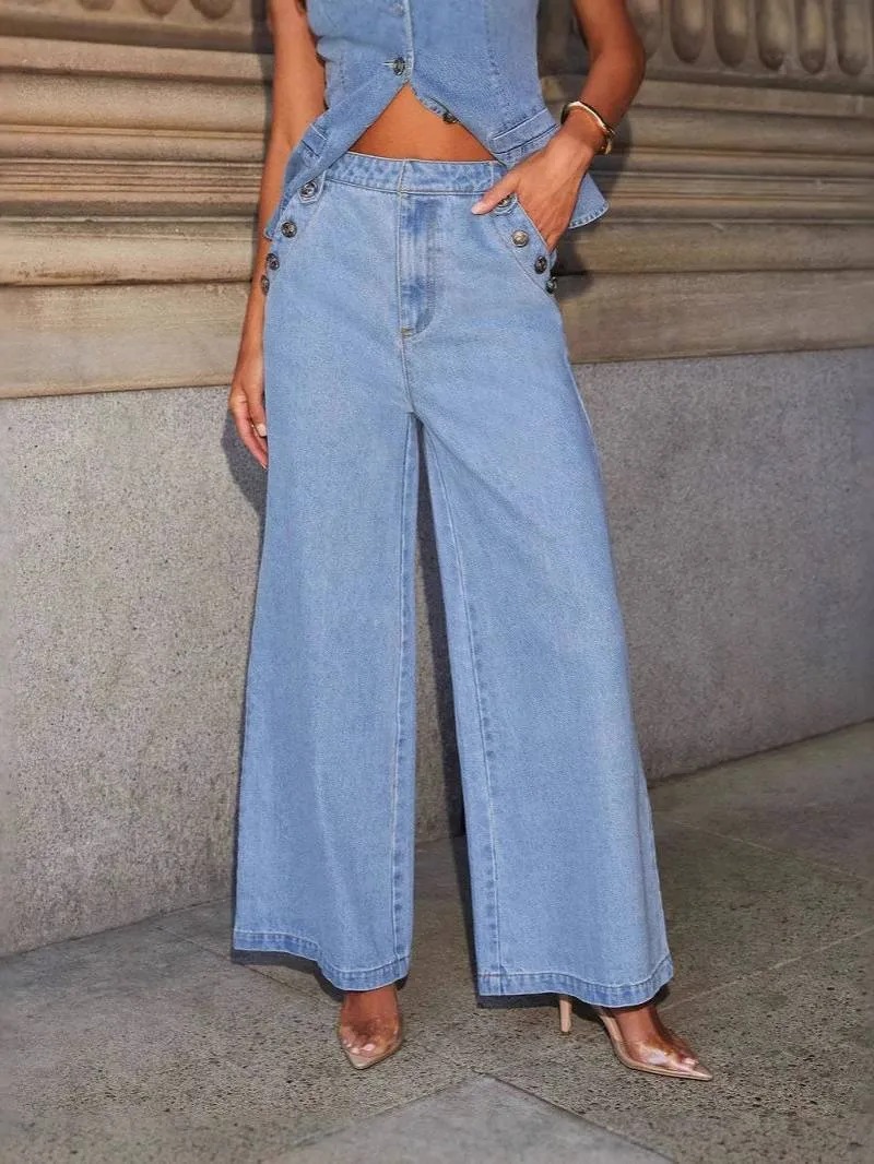 Minimalist Old Money Style Denim Vest Wide Leg Pants Set 