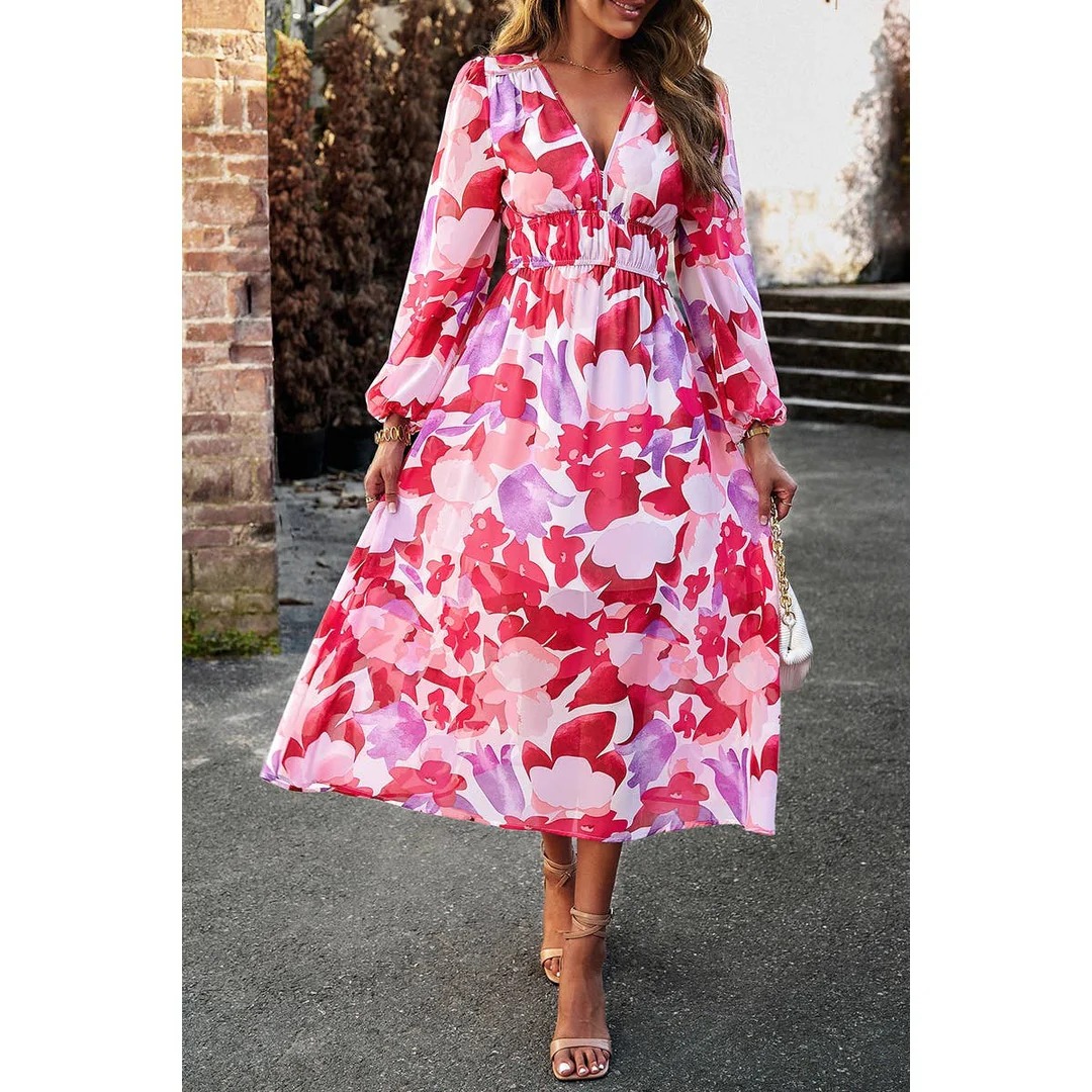 Allover Print Deep V Wide Self Belt Puff Sleeves Lined Dress