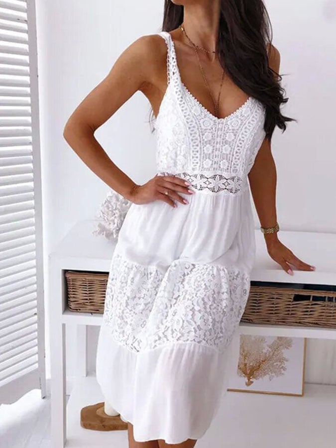 Buy 3 Get 15% Off V-Neck Suspenders Hollow Lace Dress